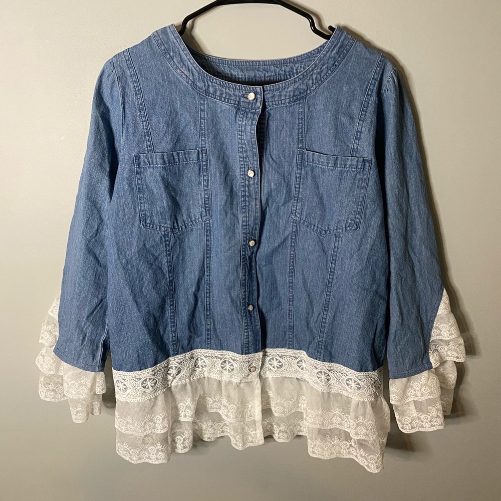 DENIM BUTTON JACKET WITH LACE DETAILING